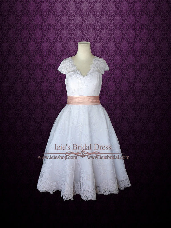 Retro 50s Tea Length Lace Wedding Dress with Short Sleeves CHERRY