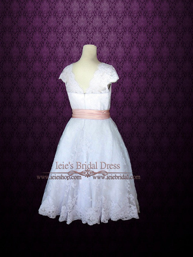 Retro 50s Tea Length Lace Wedding Dress with Short Sleeves CHERRY