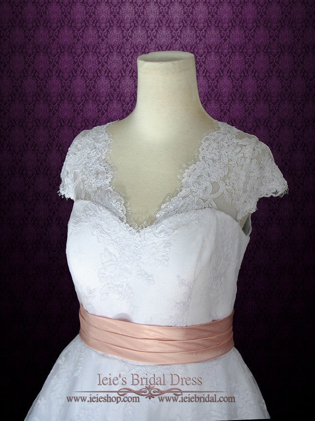 Retro 50s Tea Length Lace Wedding Dress with Short Sleeves CHERRY