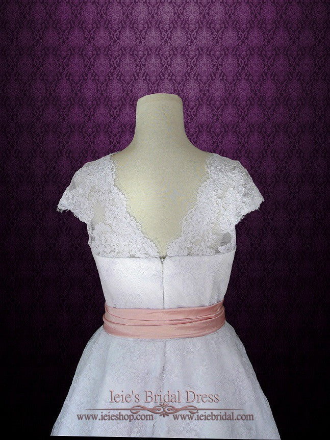 Retro 50s Tea Length Lace Wedding Dress with Short Sleeves CHERRY