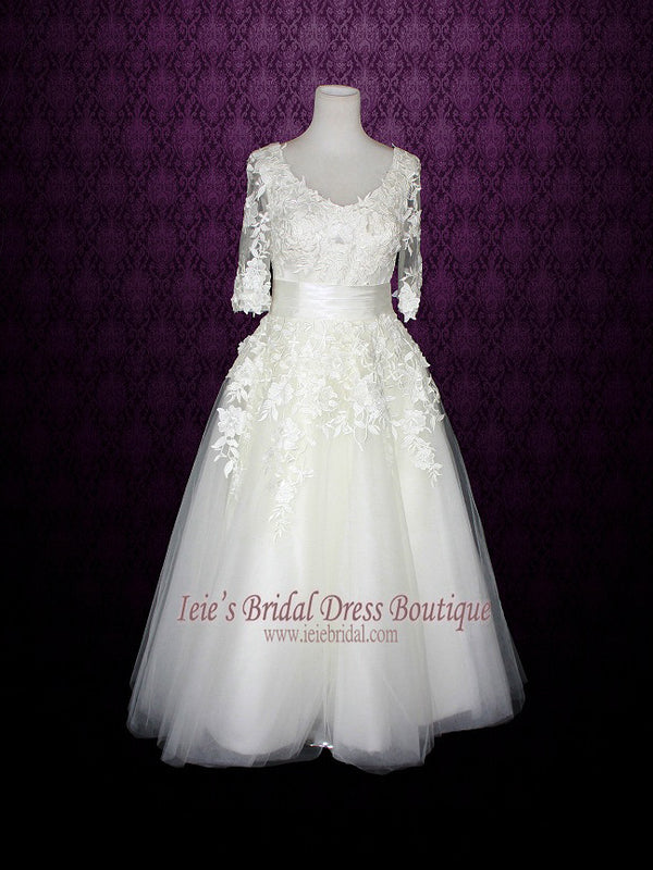 Long Sleeves Wedding Dress Short Retro Tea Length Wedding Dress | Marina