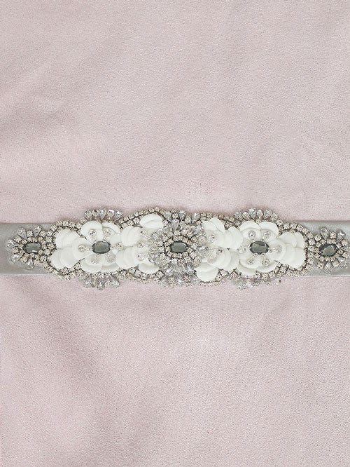 Silver Moire Jeweled Crystal Bridal Sash with Rhinestones