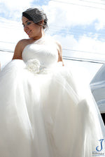 Asymetrical One Shoulder Princess Tulle Ball Gown with Flower Sash