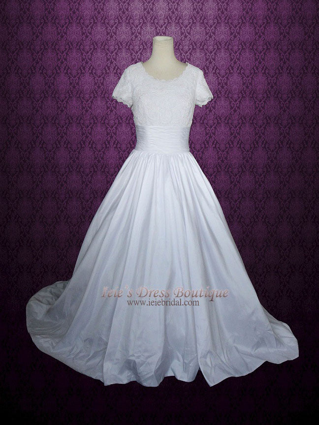 Modest Ball Gown Wedding Dress with Lace Top Short sleeves Chapel Train Scoop Neckline | Catherine