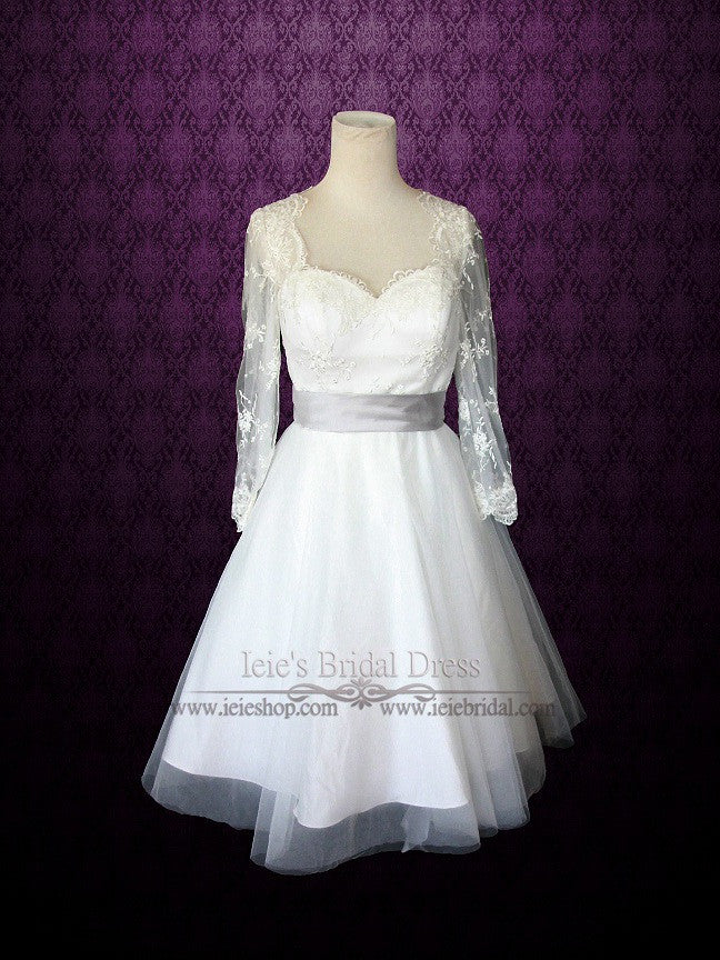 Retro 50s Tea Length Lace Wedding Dress with Long Sleeves | Divan