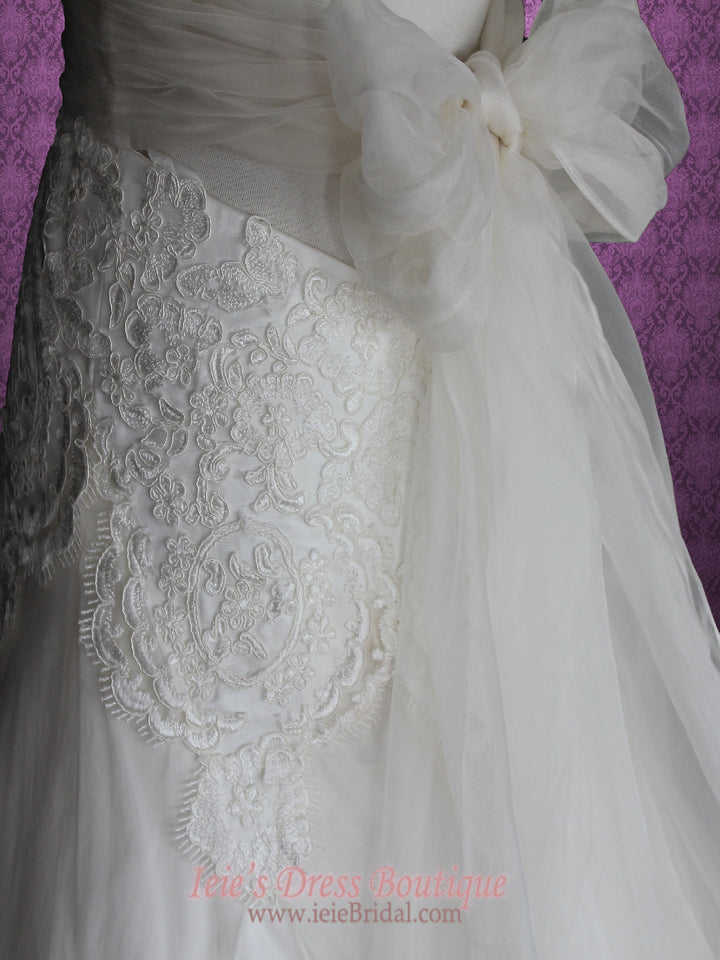 Cross Back Organza V Neck A-line Beach Lace Wedding Gown | MIKA