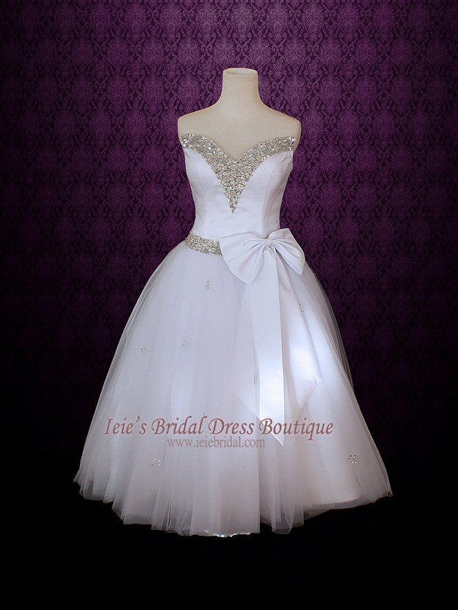 Strapless Retro 50s Ballerina Wedding Dress with Jeweled V Neck – ieie