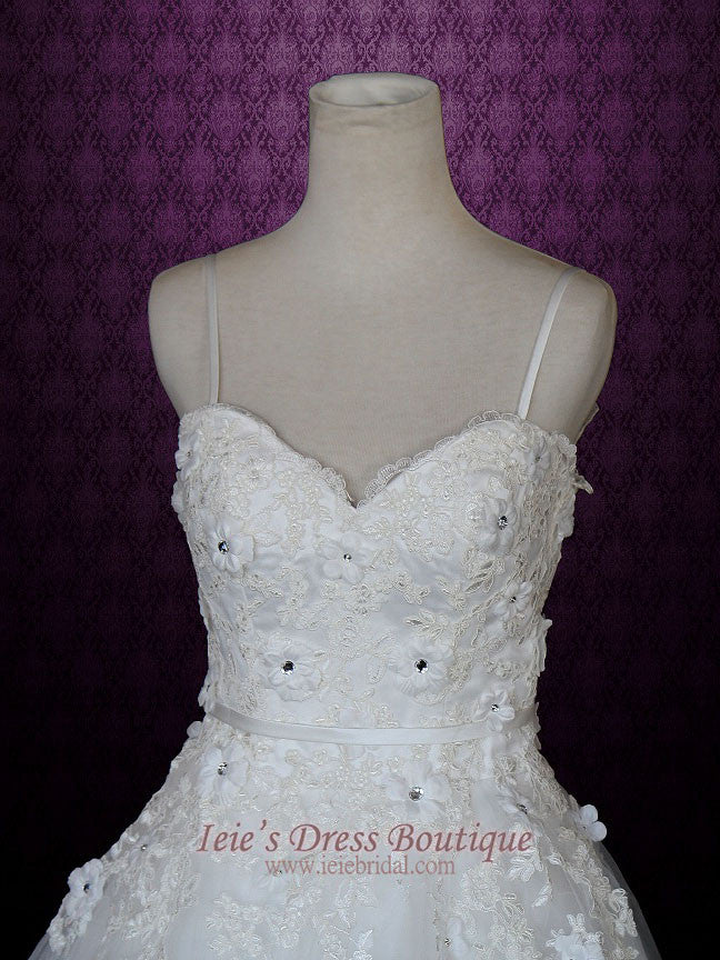 Princess A-line Tulle Wedding Dress with Floral Lace Applique and thin straps | Sandie
