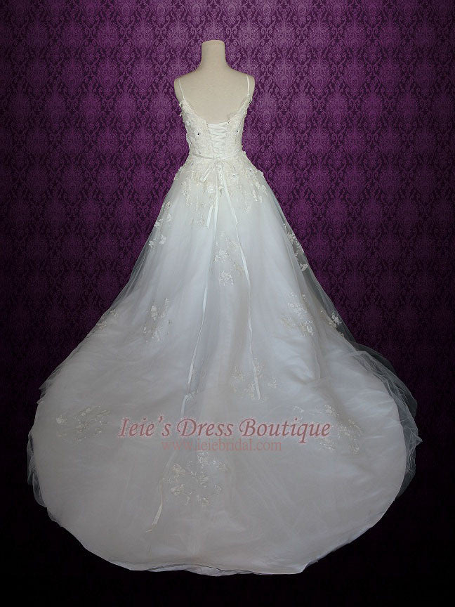 Princess A-line Tulle Wedding Dress with Floral Lace Applique and thin straps | Sandie