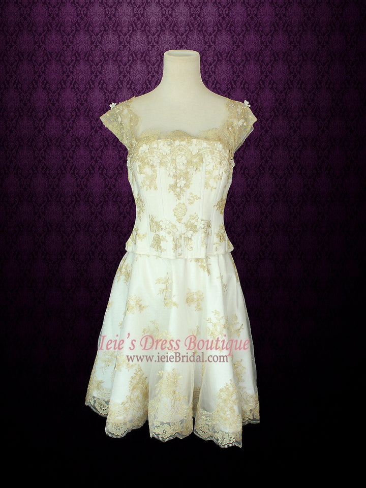 3 Piece Retro Fantasy Medieval Gold Lace Overlay Wedding Dress | Ayleth
