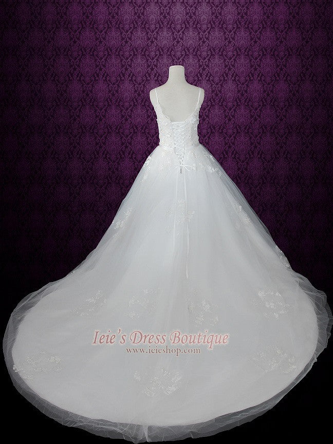 Princess Ball Gown Tulle Wedding Dress with Floral Lace Applique and thin straps | Sandra