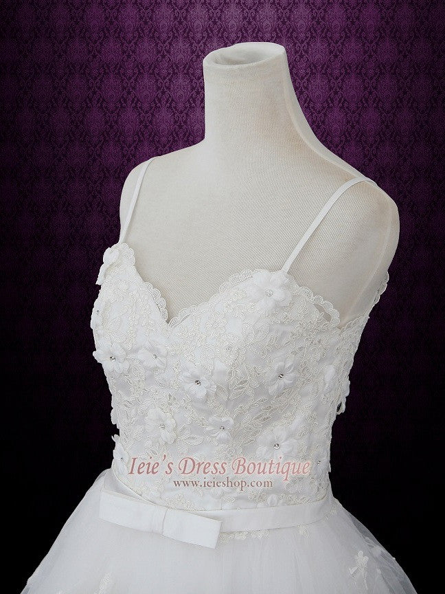 Princess Ball Gown Tulle Wedding Dress with Floral Lace Applique and thin straps | Sandra