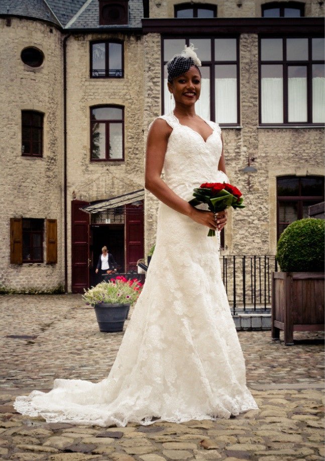 Lace Wedding Dress with Cap Sleeves and Keyhole Back PAULINE