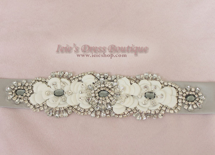 Silver Moire Jeweled Crystal Bridal Sash with Rhinestones