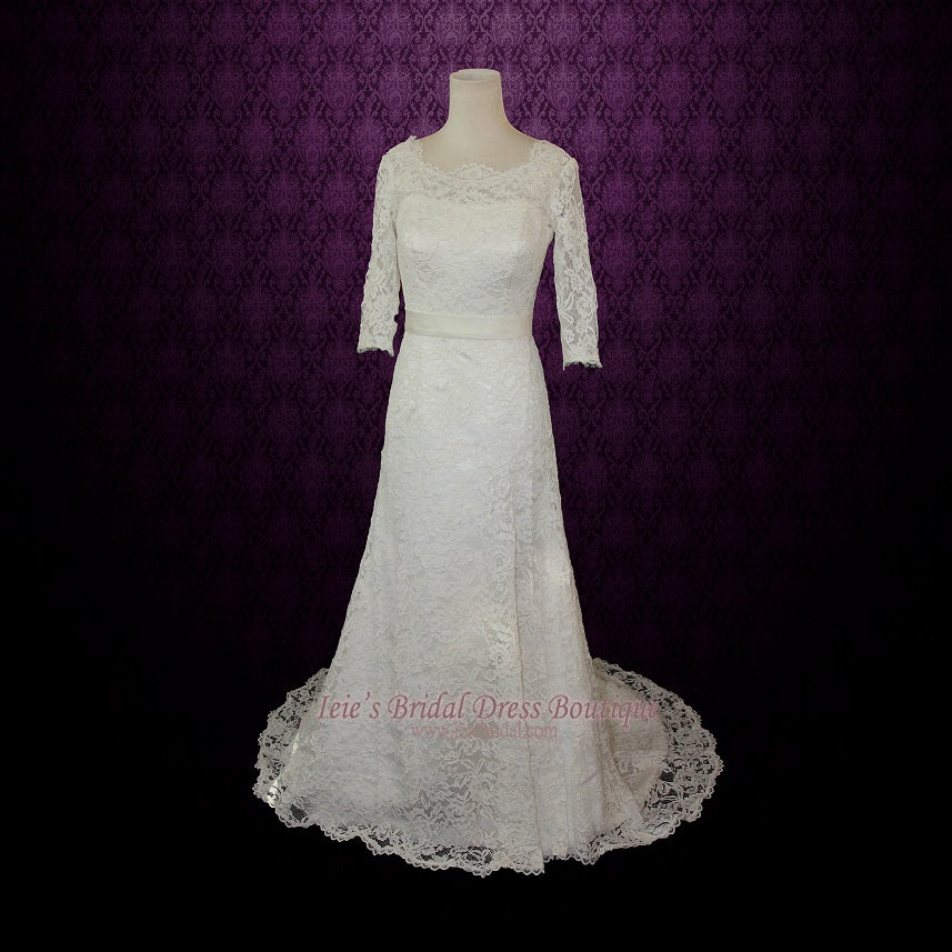 Size 4 Vintage Modest Lace Wedding Dress with Long Sleeves REBECCA