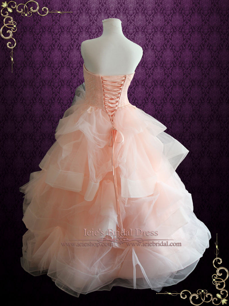 Strapless Peach Blush Colored Lace Ball Gown Wedding Dress FAE
