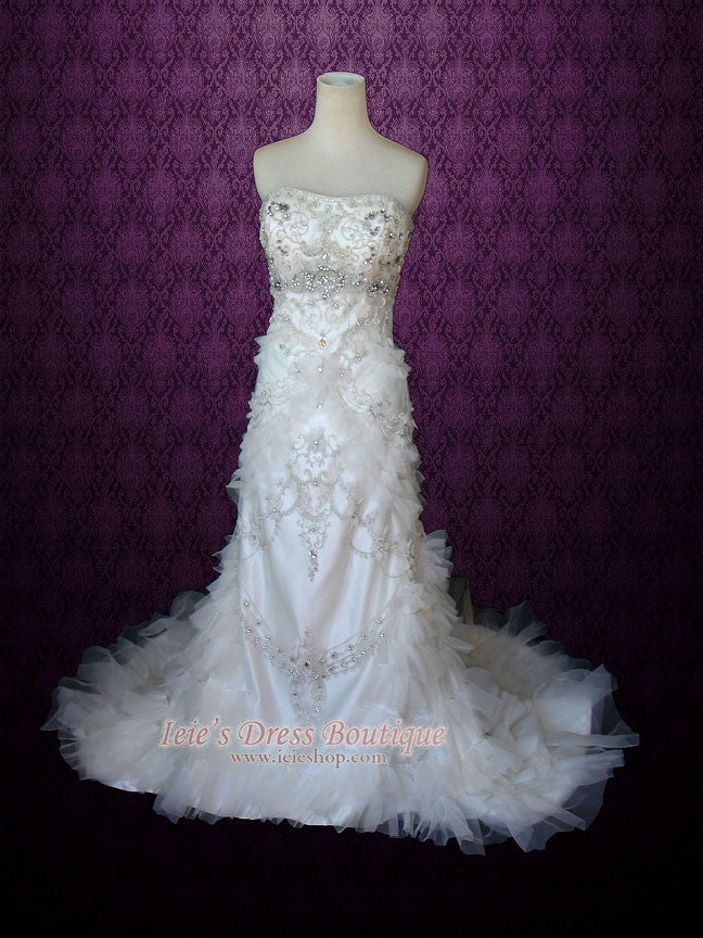 Strapless Embroidered Crystal Slim A-line Wedding Dress with Rufffles | Mezz