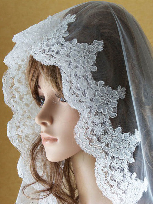 Mantilla lace veil in Cathedral length with beaded lace edge design,  Spanish Wedding veil, Ivory bridal veil, Irene