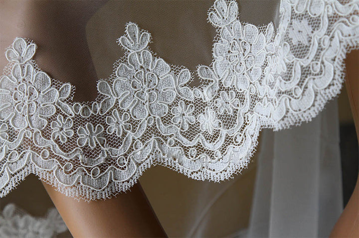 YouLaPan Cathedral Length Thin Scallop Lace Trim Single Tier Edge Wedding Veil Mantilla White / 300cm 118 inch