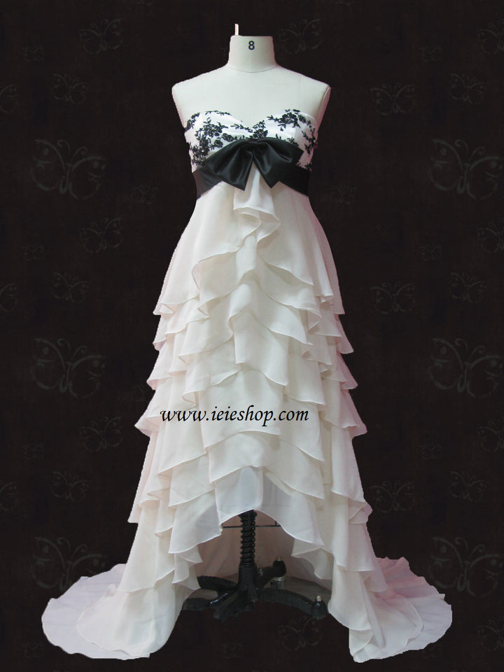 Strapless Tiered Chiffon Evening Gown With Sweet Heart Neckline And Bow