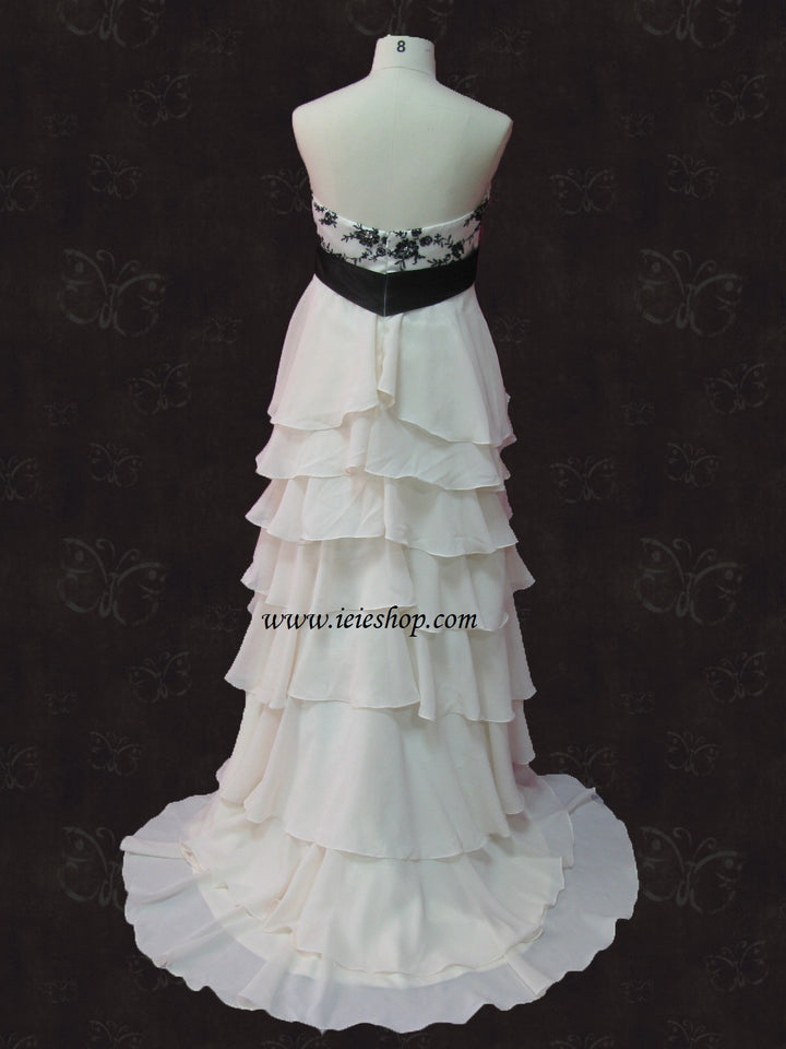 Strapless Tiered Chiffon Evening Gown With Sweet Heart Neckline And Bow