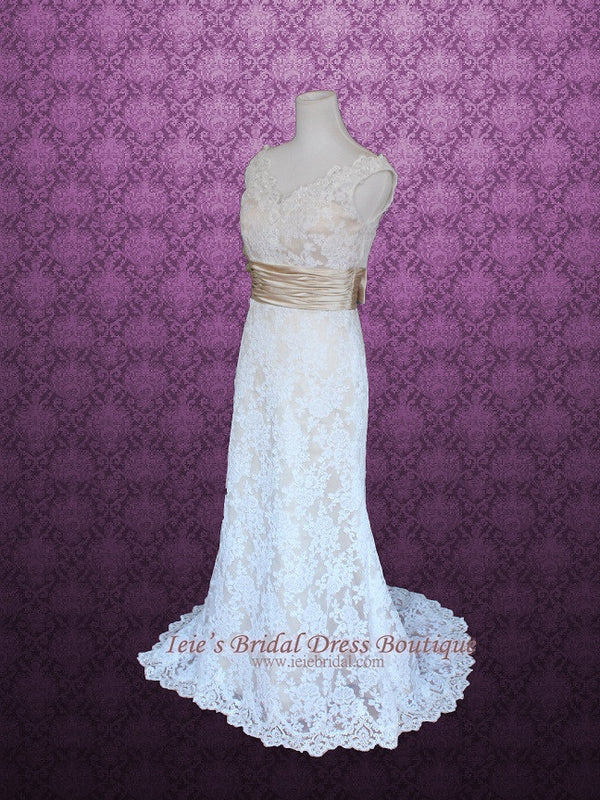 Vintage Slim A-line Lace V Neck Lace Wedding Dress | Monica