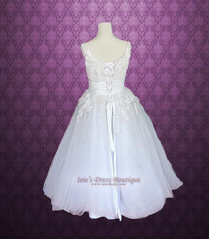 Retro 50s Vintage Style Tea Length Lace Wedding Dress | LISA – ieie Bridal