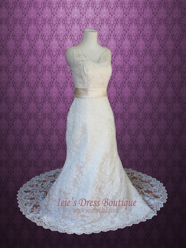 Vintage Lace A-line Wedding Dress with V Neck and Low V Back | Lauren