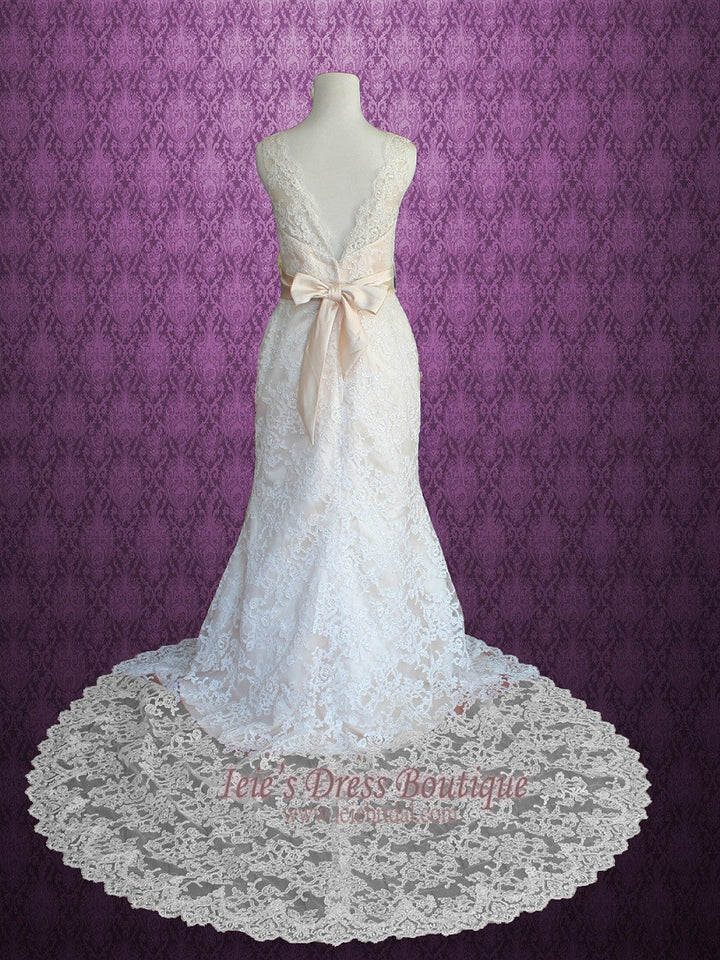 Vintage Lace A-line Wedding Dress with V Neck and Low V Back | Lauren