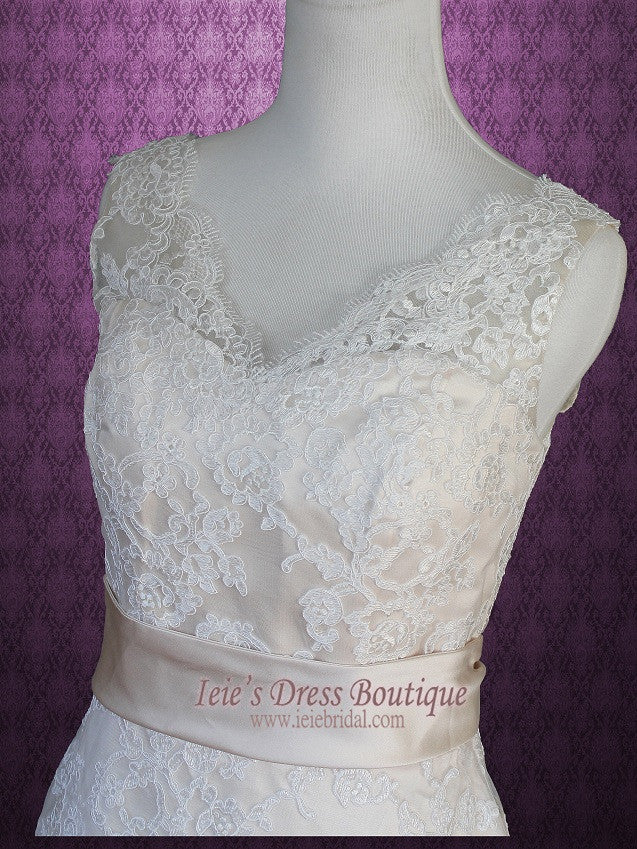 Vintage Lace A-line Wedding Dress with V Neck and Low V Back | Lauren