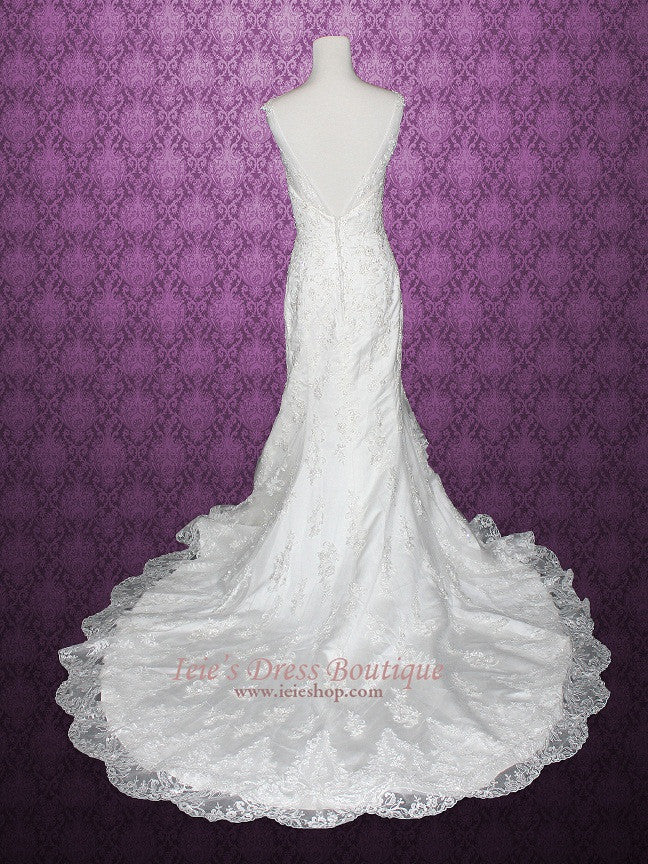 V Neck Lace Low Back Mermaid Wedding Dress wtih Straps