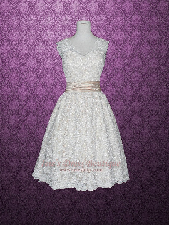 Retro 50s Tea Length Cap Sleeves Lace Wedding Dress | Carly