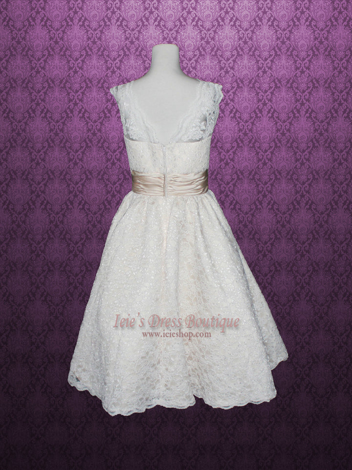 Retro 50s Tea Length Cap Sleeves Lace Wedding Dress | Carly