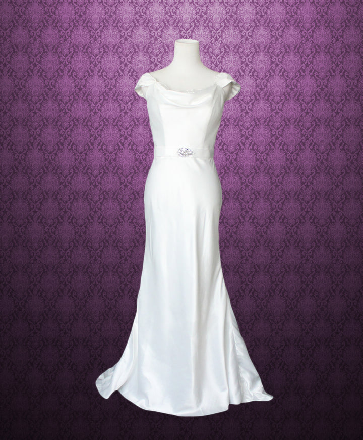 Cowl Neck Modest Transparent Lace Back Slim A-line Wedding Dress Size 4