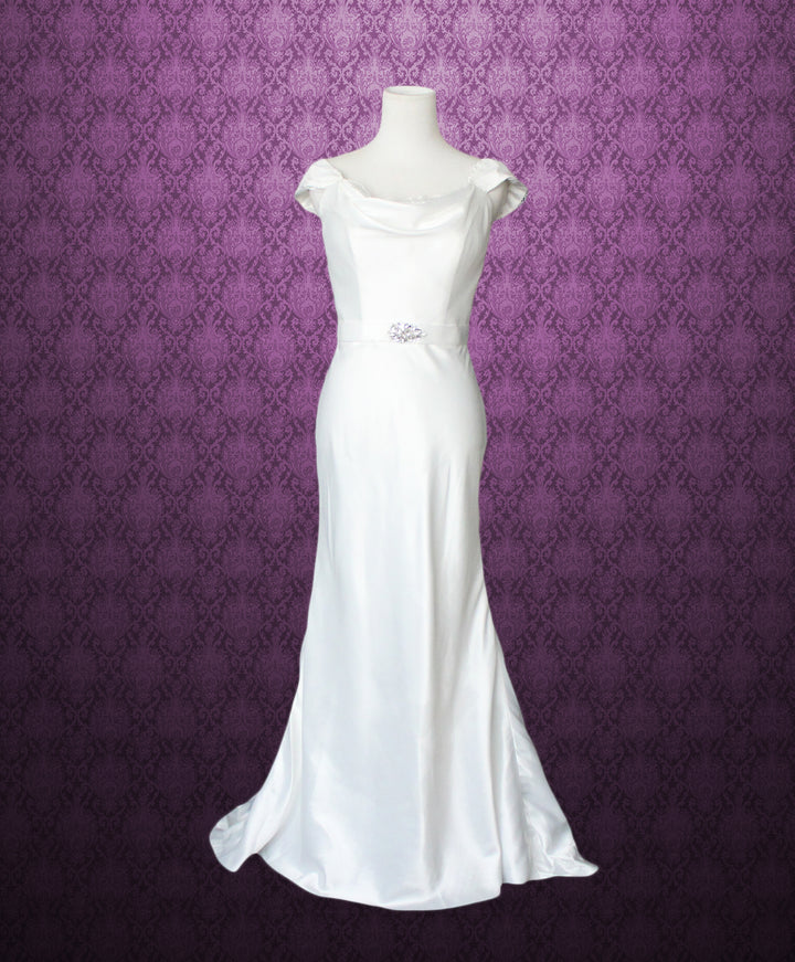 Size 4 Ready to Ship Cowl Neck Modest Transparent Lace Back Slim A-line Wedding Dress ieie Size 4 Ready to Ship Cowl Neck Modest Transparent Lace Back Slim A-line Wedding Dress ieie