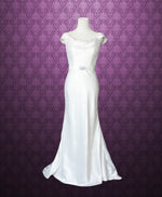 Cowl Neck Modest Transparent Lace Back Slim A-line Wedding Dress Size 4