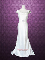 Cowl Neck Modest Transparent Lace Back Slim A-line Wedding Dress Size 4