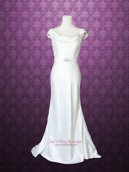 Cowl Neck Modest Transparent Lace Back Slim A-line Wedding Dress Size 4