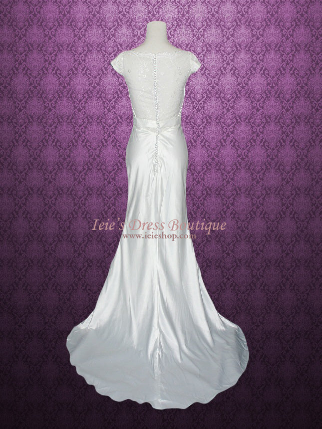 Cowl Neck Modest Transparent Lace Back Slim A-line Wedding Dress Size 4
