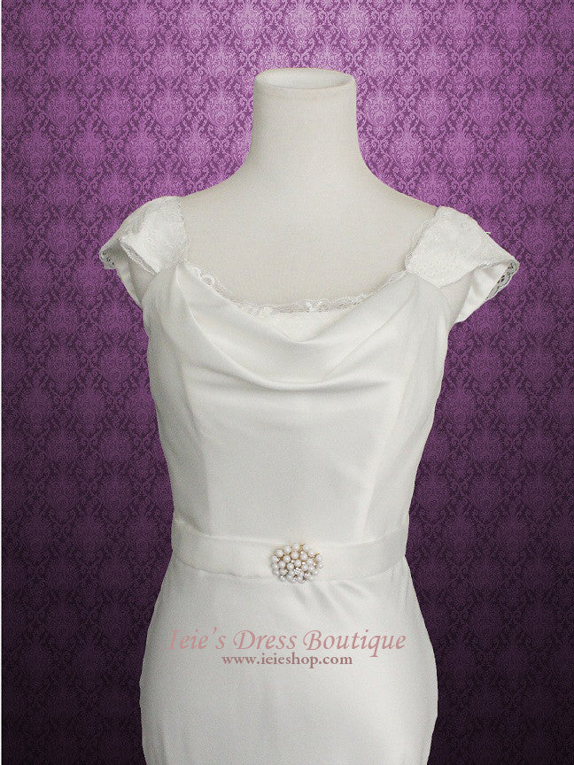Cowl Neck Modest Transparent Lace Back Slim A-line Wedding Dress Size 4
