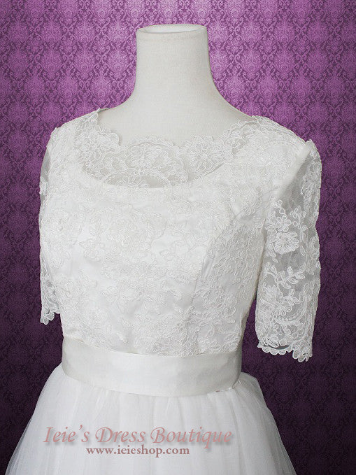 Vintage Style Modest Princess Lace Tulle Wedding Dress with Sleeves | Emery