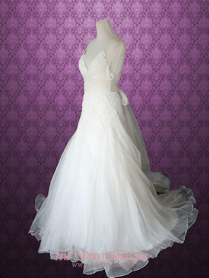 Cross Back Organza V Neck A-line Beach Lace Wedding Gown | MIKA