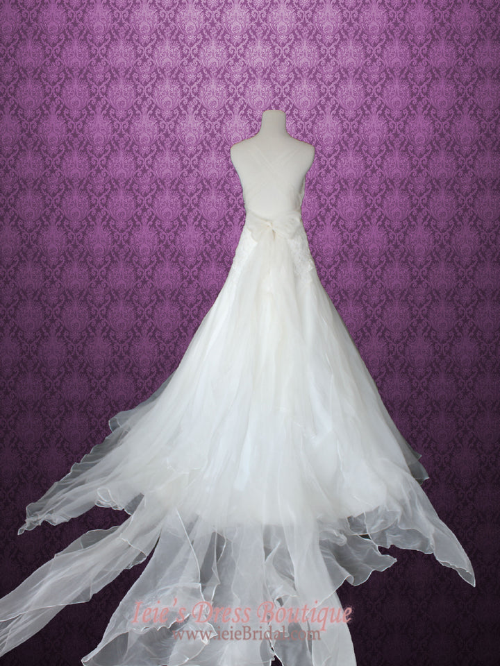 Cross Back Organza V Neck A-line Beach Lace Wedding Gown | MIKA