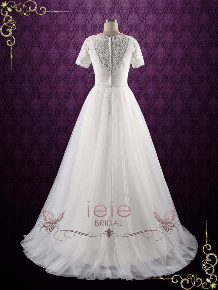 Whimsical Modest Vintage Style Lace and Tulle Beach Wedding Dress