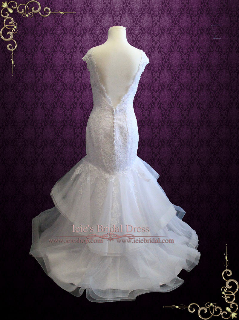 Ready to Ship Size 10 Lace Mermaid Wedding Dress with Open Back Cap Sleeves and Ruffle Skirt | Bianca
