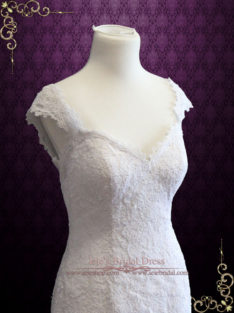 Ready to Ship Size 10 Lace Mermaid Wedding Dress with Open Back Cap Sleeves and Ruffle Skirt | Bianca