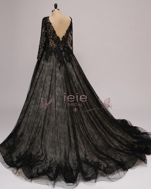 Black Gothic Lace Wedding Dress with Sleeves BRIENNE – ieie Bridal