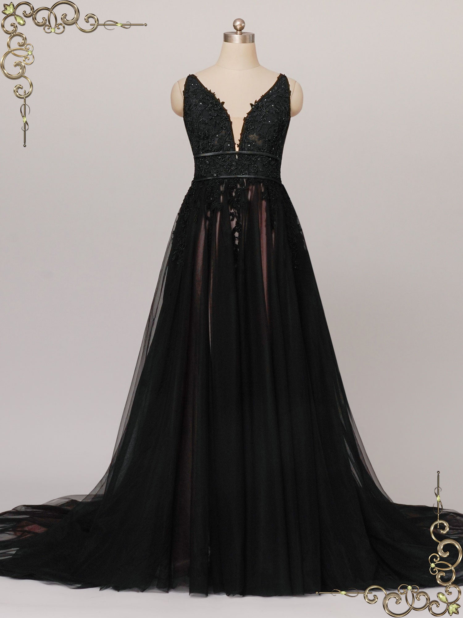 Gothic Black Lace Wedding Dress with Open Back SYBIL Custom Size / Black