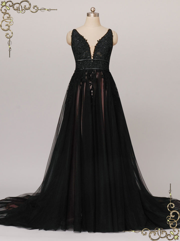 Gothic Black Lace Wedding Dress with Open Back SYBIL Size 20W / Custom Color Gothic Black Lace Wedding Dress with Open Back SYBIL Size 20W / Custom Color