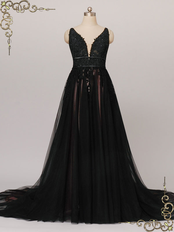 Gothic Black Lace Wedding Dress with Open Back SYBIL